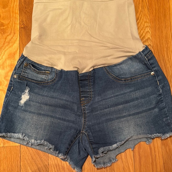 vintage violet maternity Pants - Denim Maternity Shorts L Distressed stretch full panel holes frayed raw hem 12